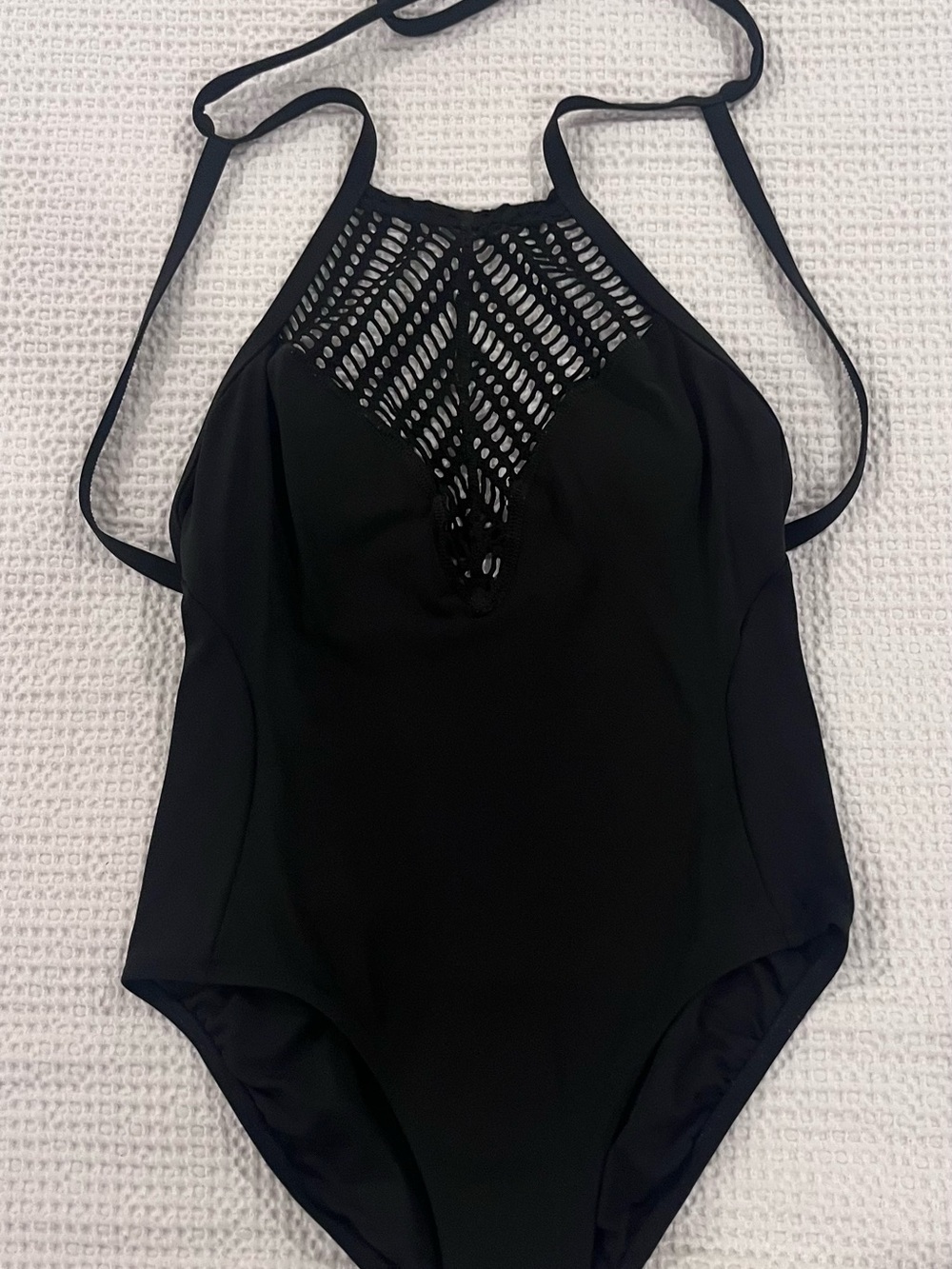 Robin Piccone ‘Sophia’ Black High-Neck One-Piece Swimsuit crochet Detail, Size10 - Picture 3 of 5